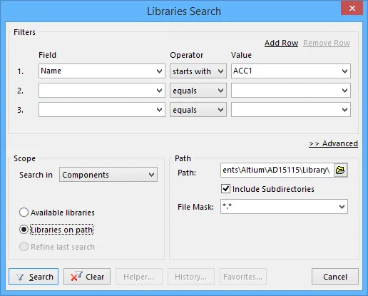 コンポーネントまたはフットプリントを検索するには、 Libraries Searchダイアログを使用します。 コンポーネントまたはフットプリントを検索するには、 Libraries Searchダイアログを使用します。